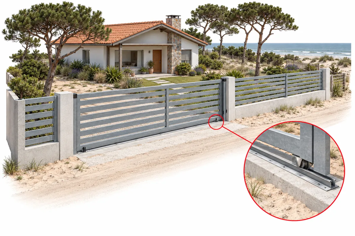 Ilustración de una casa en Ciudad de la Costa con portón corredizo galvanizado sobre base de hormigón