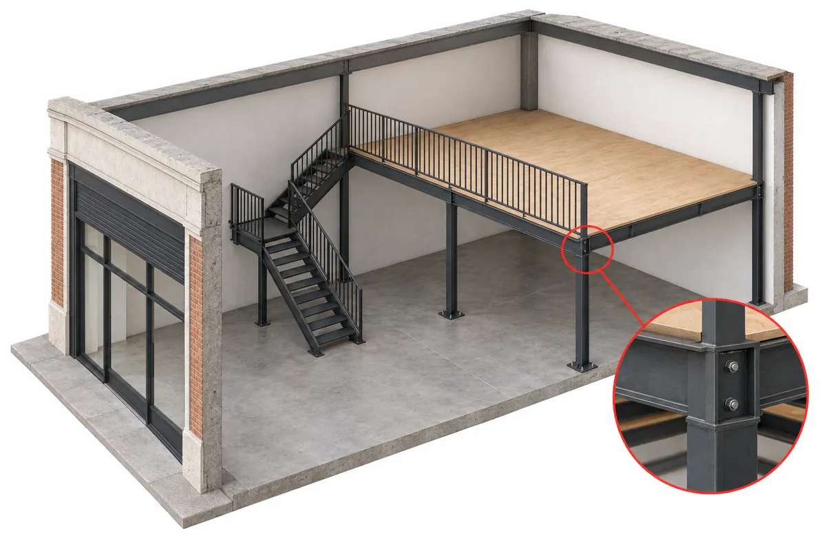 Ilustración en corte de un entrepiso metálico con columnas, vigas, piso de madera y escalera en L