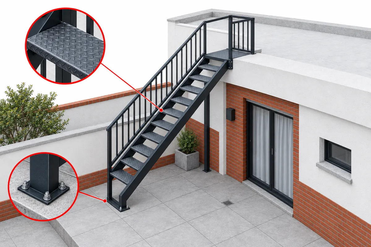 Ilustración de una escalera metálica exterior con zancas laterales y escalones de chapa antideslizante